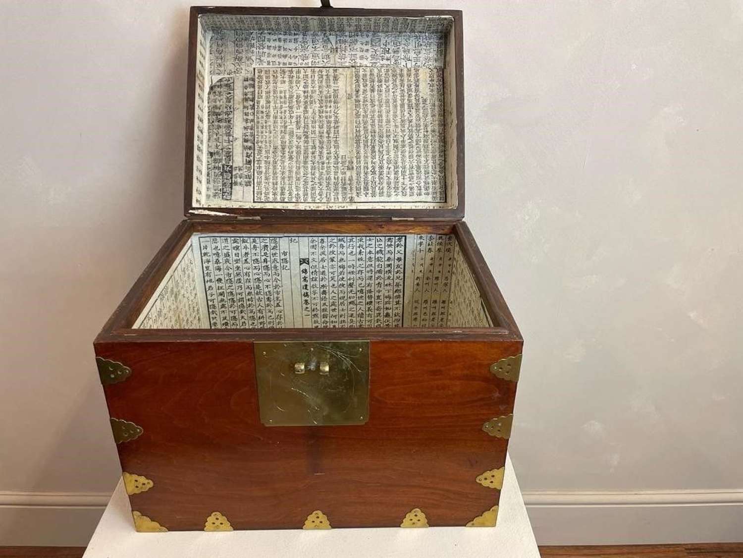 Oriental hardwood box with decorative brass band