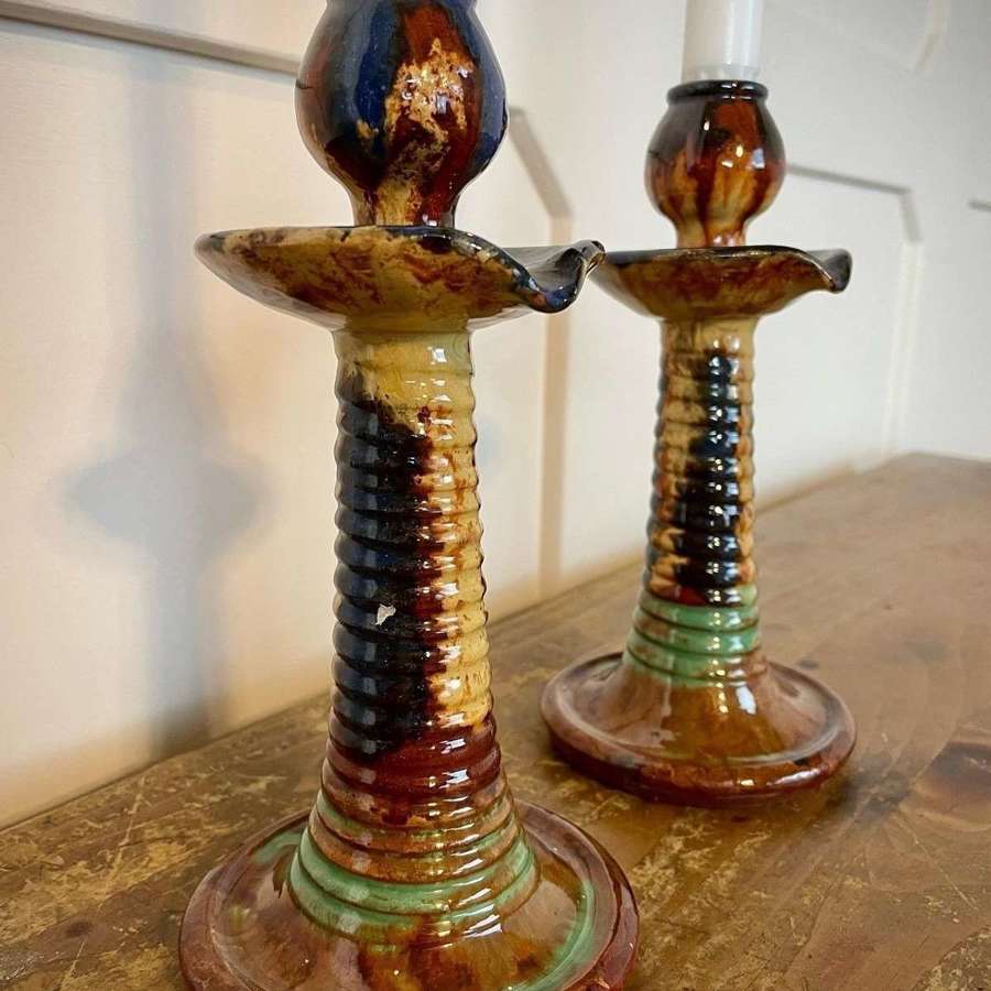 Faiencerie Thulin, Belgian pottery candlesticks.
