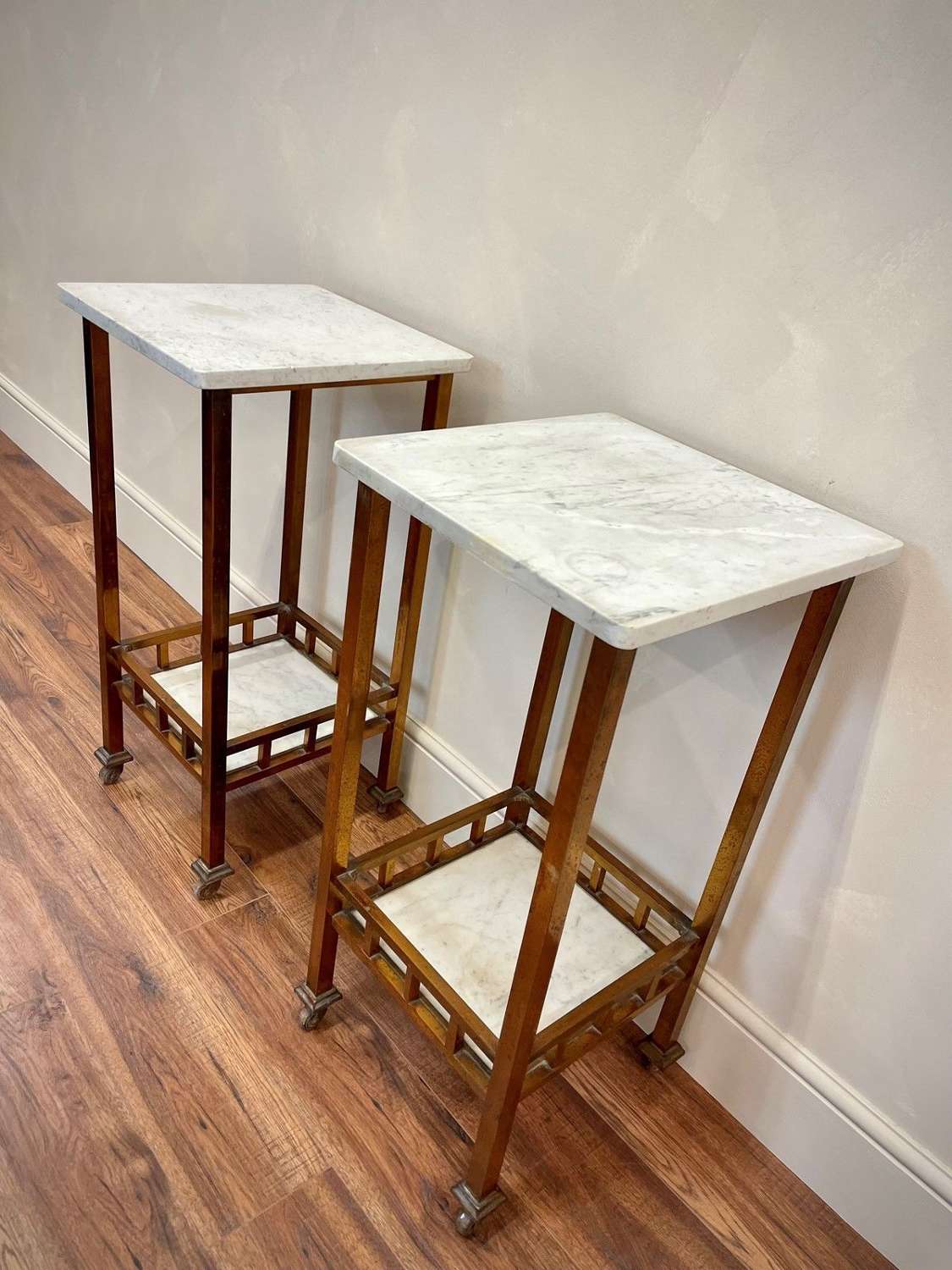 1920's brass and marble lamp tables/bedsides