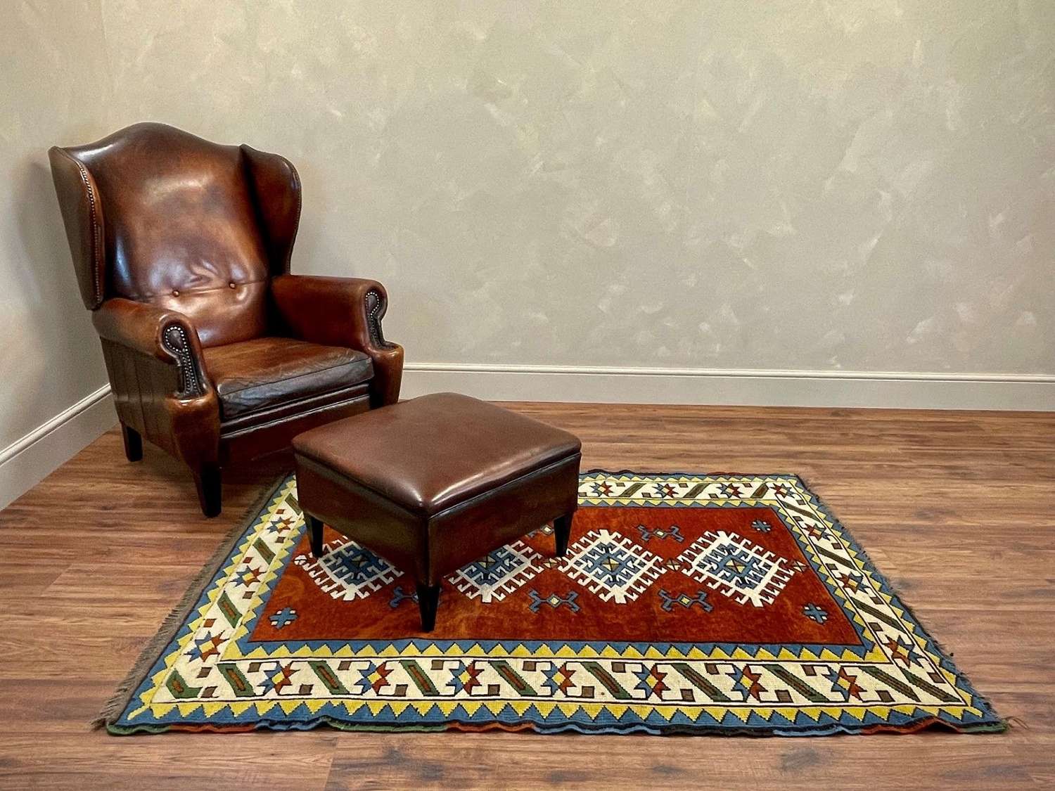 Dutch leather wingback chair and footstool