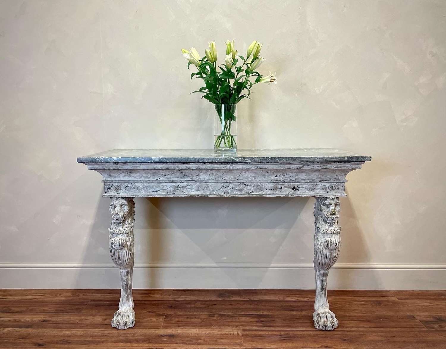 19th c English Oak Marble Top Console With Marble Paint