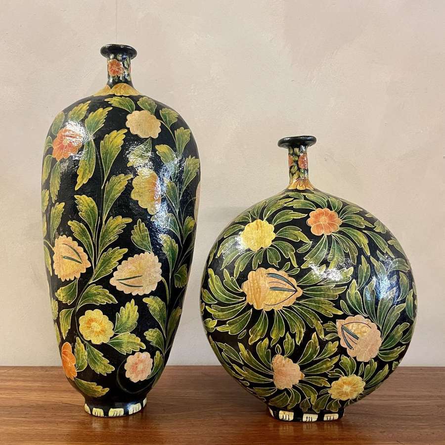 Pair of Kashmiri Paper Mache Hand Painted Vases