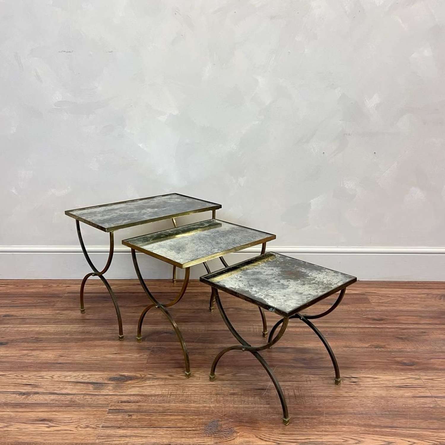 Nest of 3 French Brass Side Tables With Silvered Mirror Glass