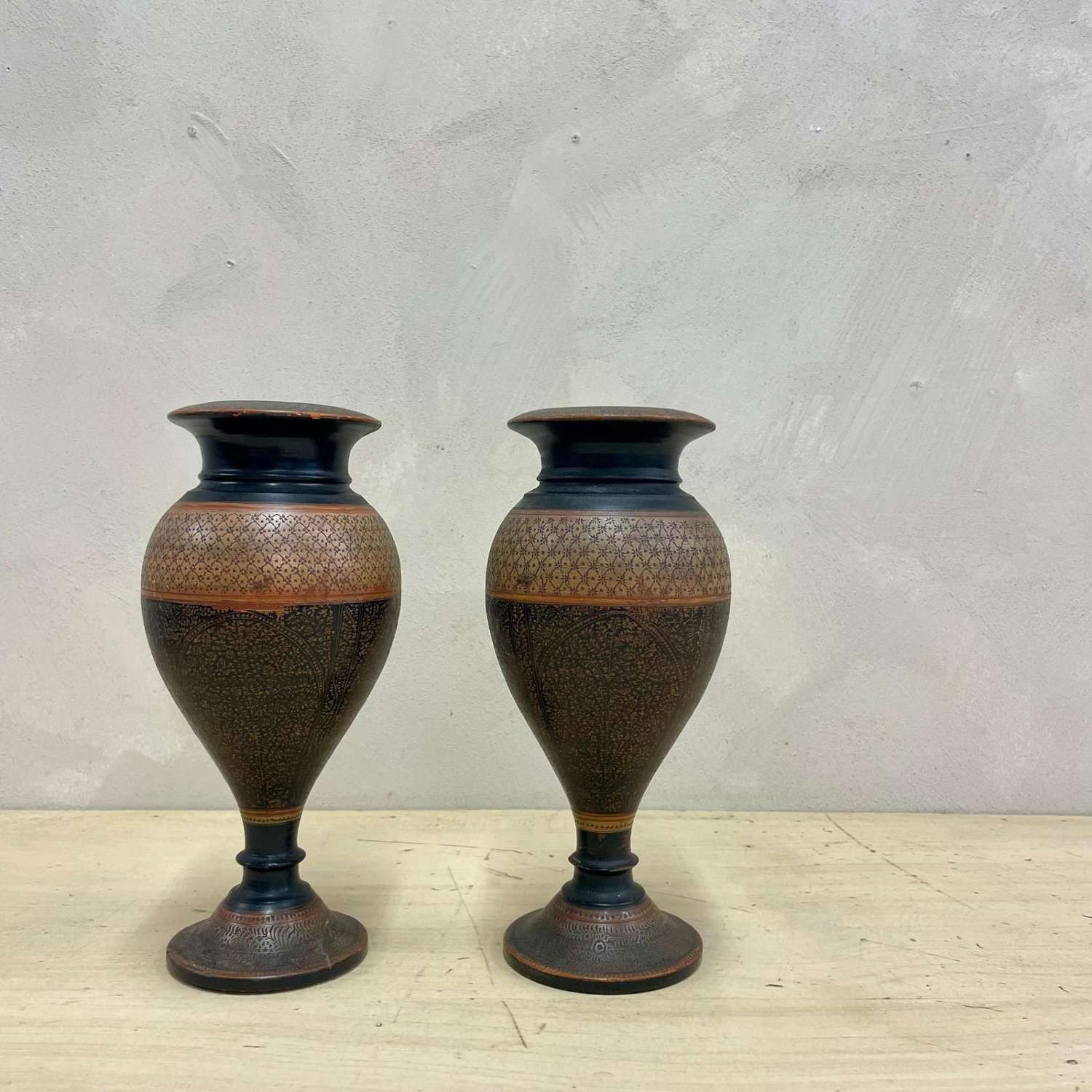 Beautiful Pair of  Persian Early 20thC Wooden Vases 