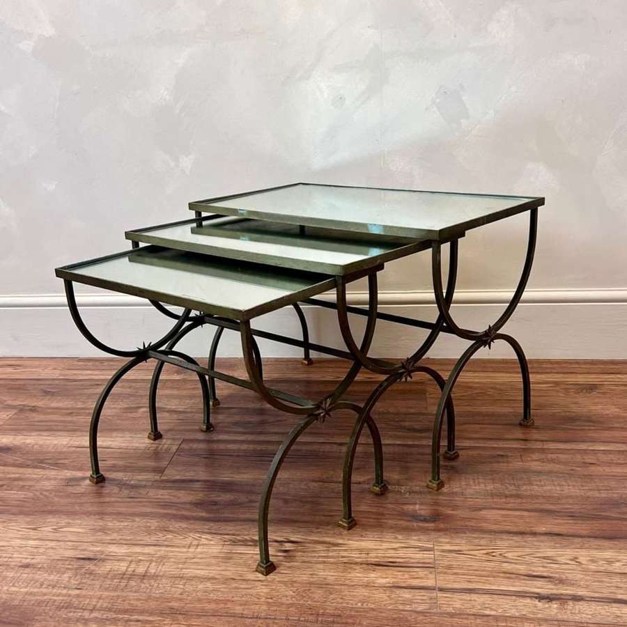 Brass Nest of Mirrored Glass Tables Attributed to Maison Ramsey