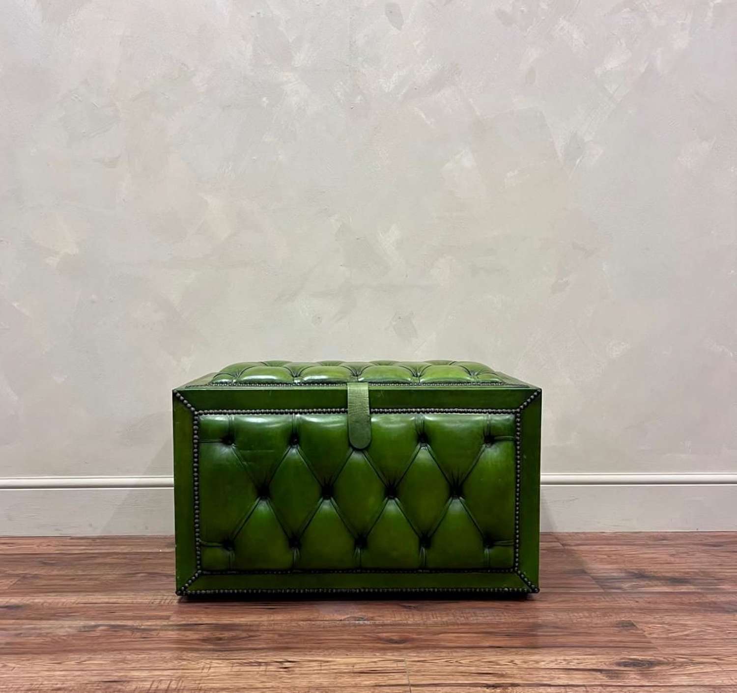 English Green Leather Buttoned Ottoman