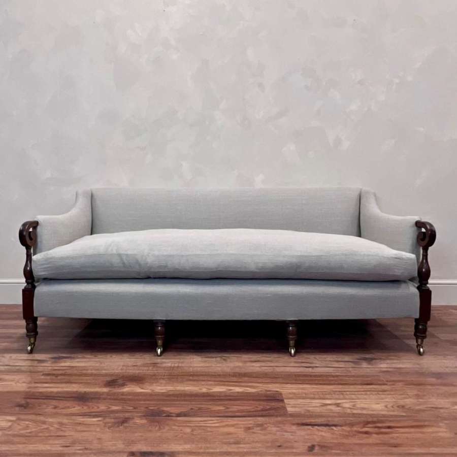 19th Century Linen Upholstered, Mahogany Sofa