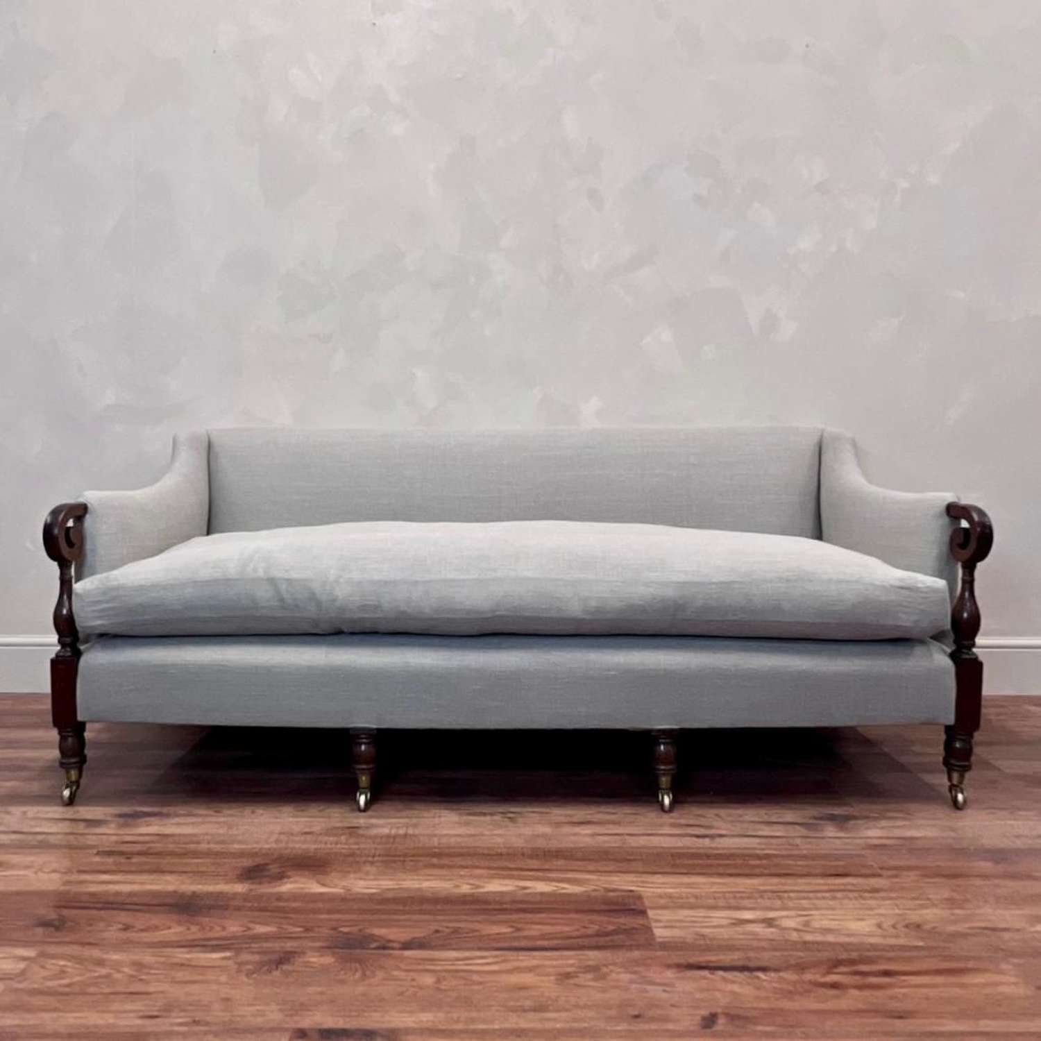 19th century linen upholstered, Mahogany Sofa