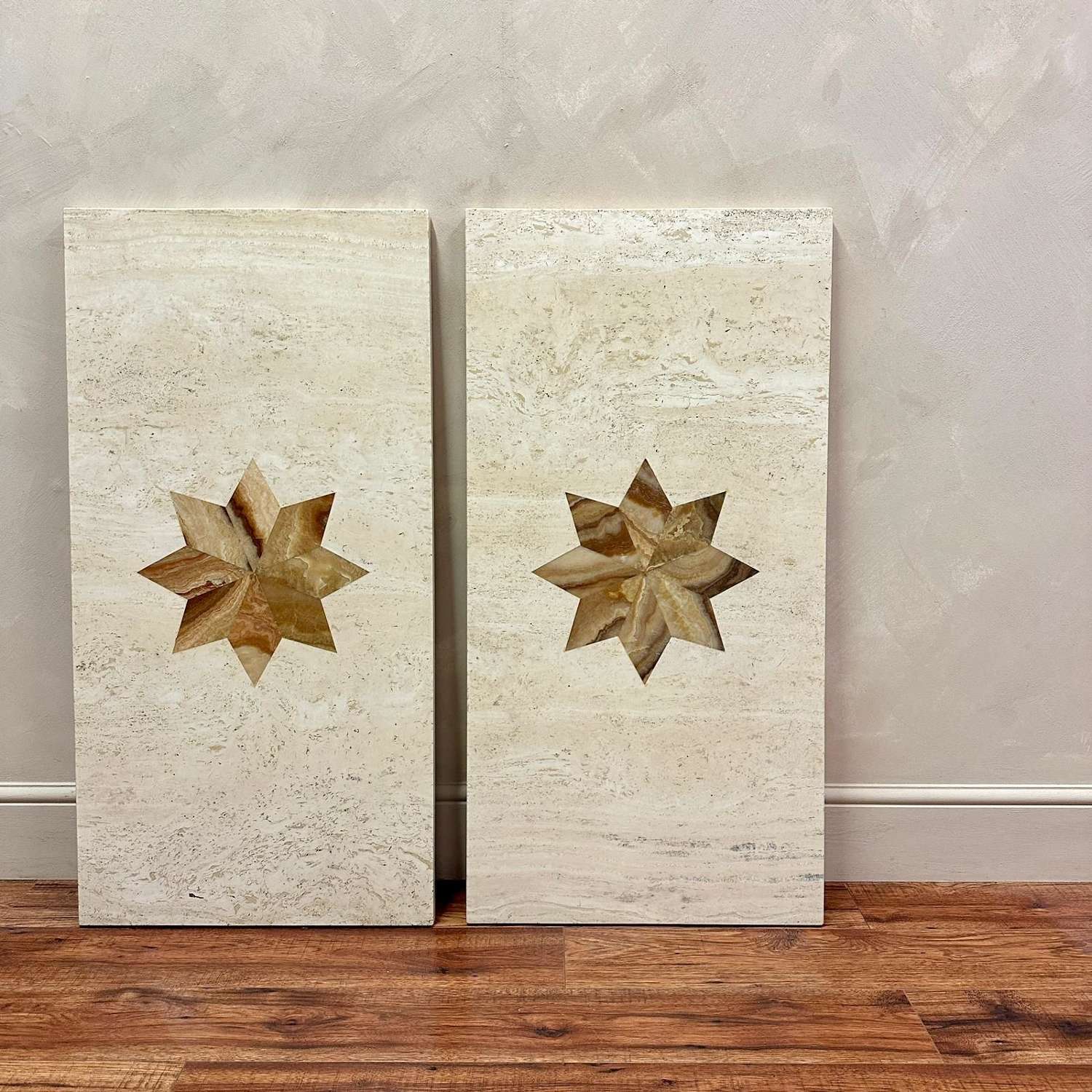 Pair of Italian Travertine & Marble Inlay Console Tops