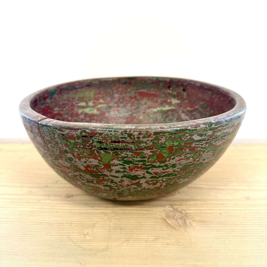 19th Century Dutch Hand Turned Elm Bowl; Original Paint