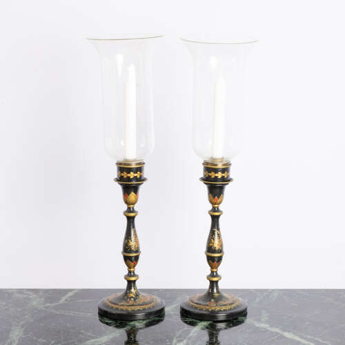 Pair of Chinoiserie Design Hurricane Candlesticks / Lamps