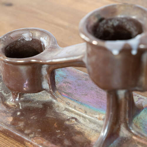 A Pair of Pearlescent Glazed Bronze Candelabras