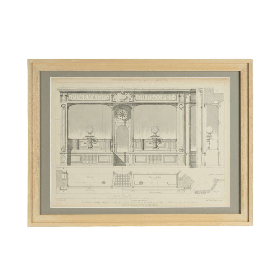 Framed French Architectural Lithograph: Pharmacie Drawing