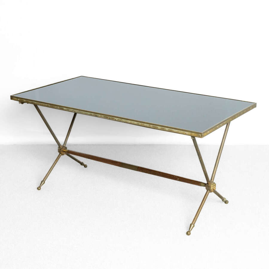 French 1950's Black Glass and Brass Coffee Table by Raphael Raffel