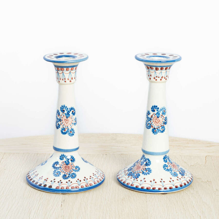 Pair of Portuguese Hand Painted Ceramic Candlesticks