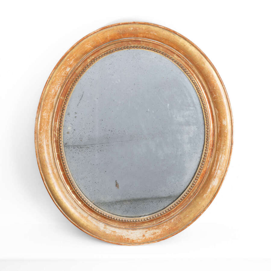 Large 19th Century Giltwood Oval Mirror with Original Foxed Plate