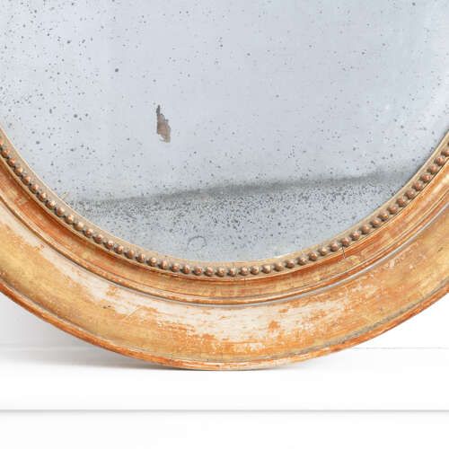 Large 19th Century Giltwood Oval Mirror with Original Foxed Plate