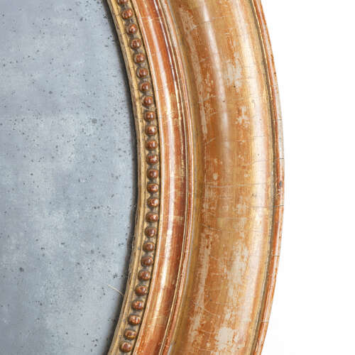Large 19th Century Giltwood Oval Mirror with Original Foxed Plate
