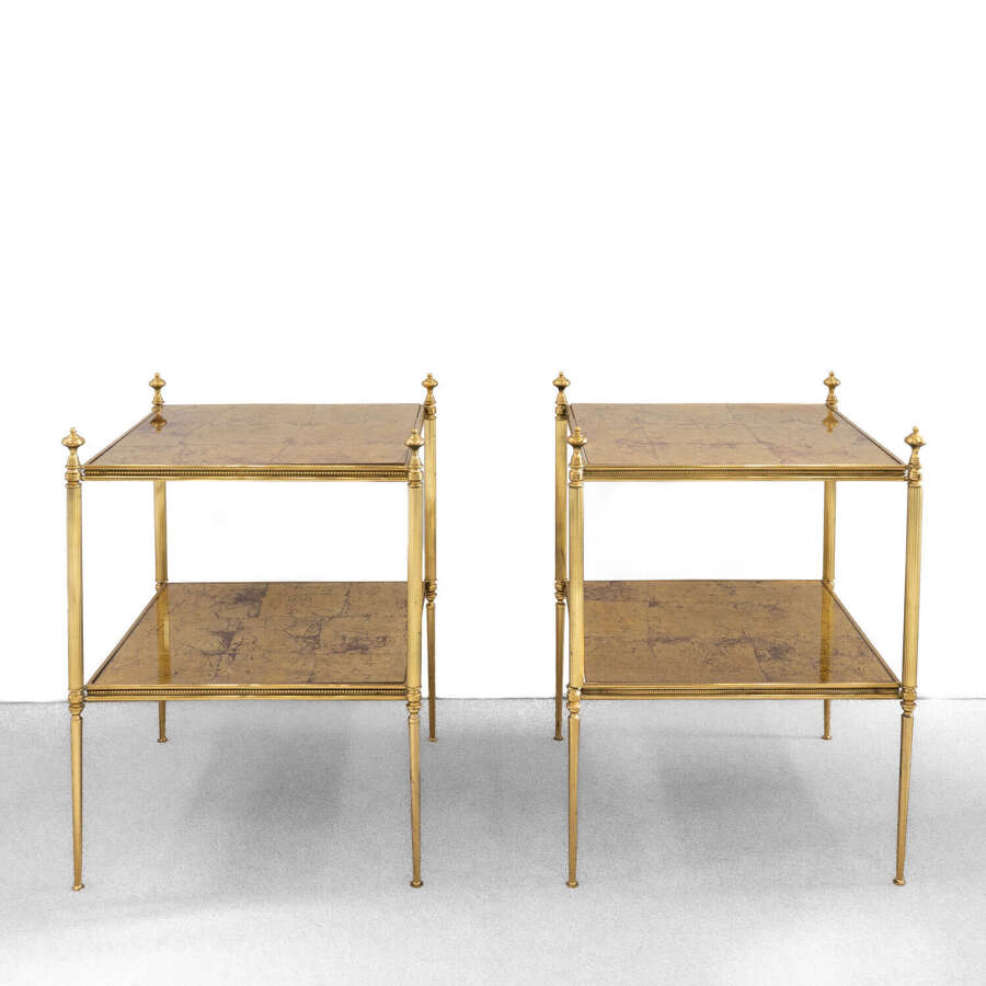 Pair of Maison Jansen 2 Tier  &Eacute;glomis&eacute; Glass and Brass Side Tables