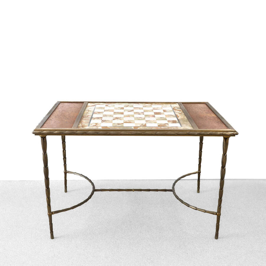 Rare Large Maison Charles Bronze and Marble Palm Tree Chessboard Table