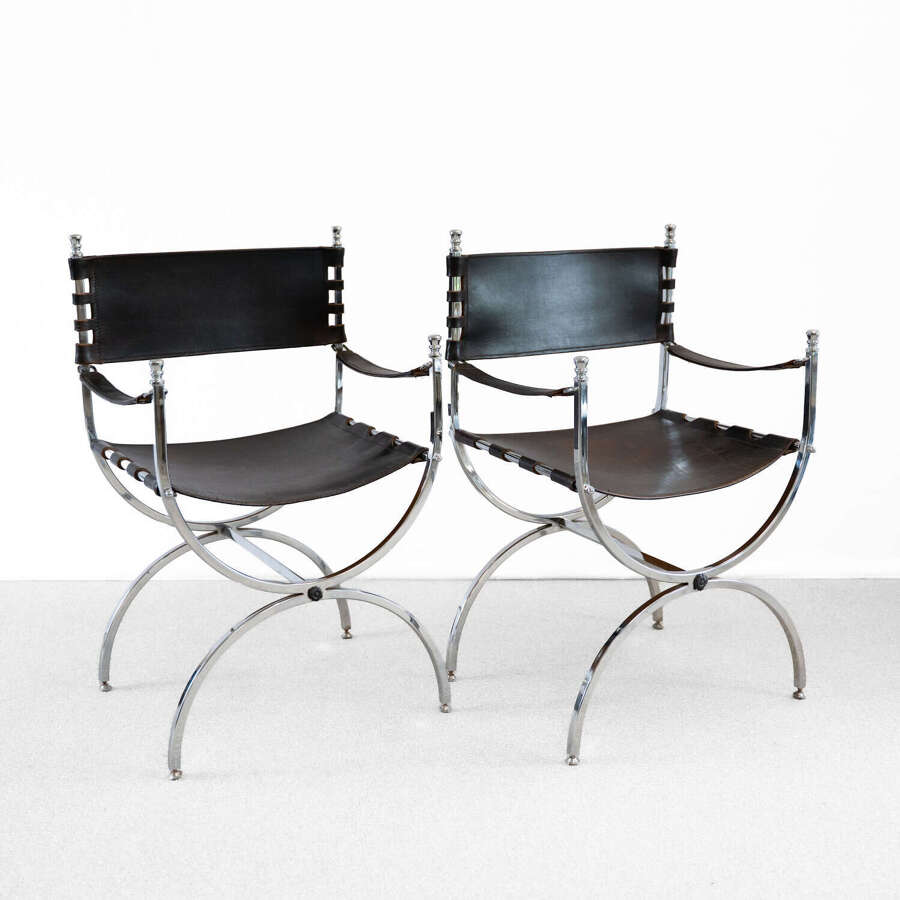 Pair of Maison Jansen Leather and Chrome Chairs