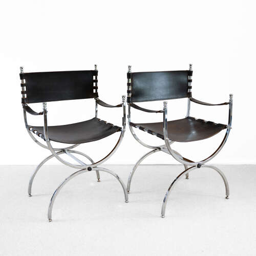 Pair of Maison Jansen Leather and Chrome Chairs