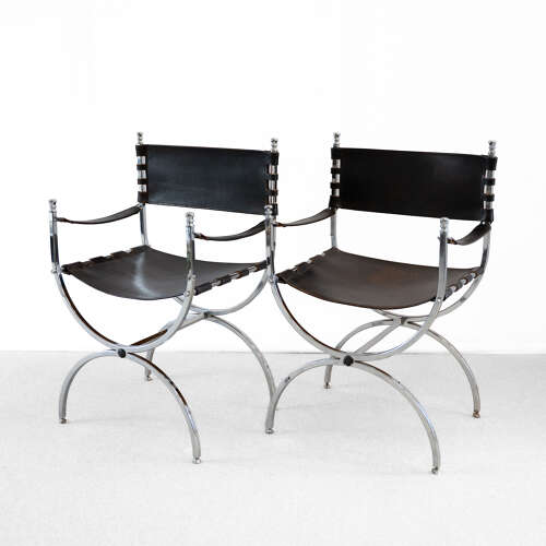 Pair of Maison Jansen Leather and Chrome Chairs