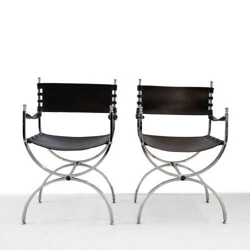 Pair of Maison Jansen Leather and Chrome Chairs