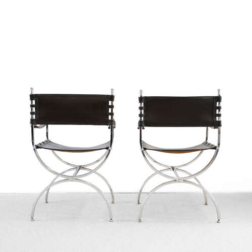 Pair of Maison Jansen Leather and Chrome Chairs