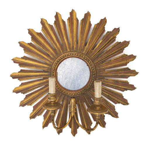 Spanish Gilt Sunburst Mirror with Sconce