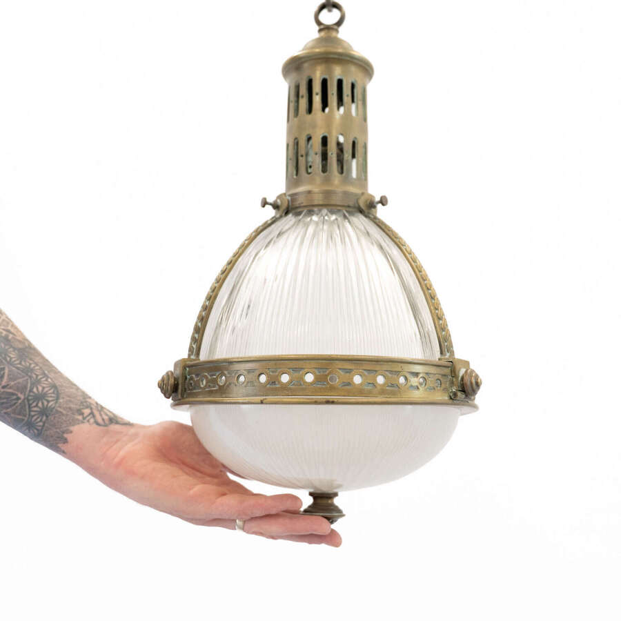 Large 1920's, Two-Part Brass Holophane Pendant Light