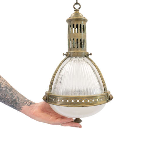 Large 1920's, Two-Part Brass Holophane Pendant Light