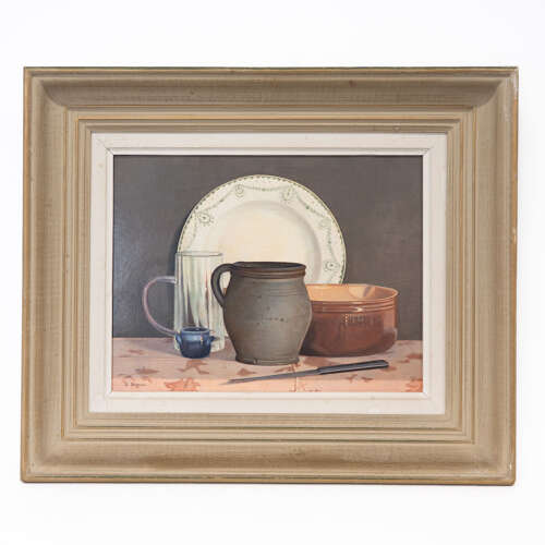 1950's Framed Still Life Oil on Board: La Table de la Cuisine