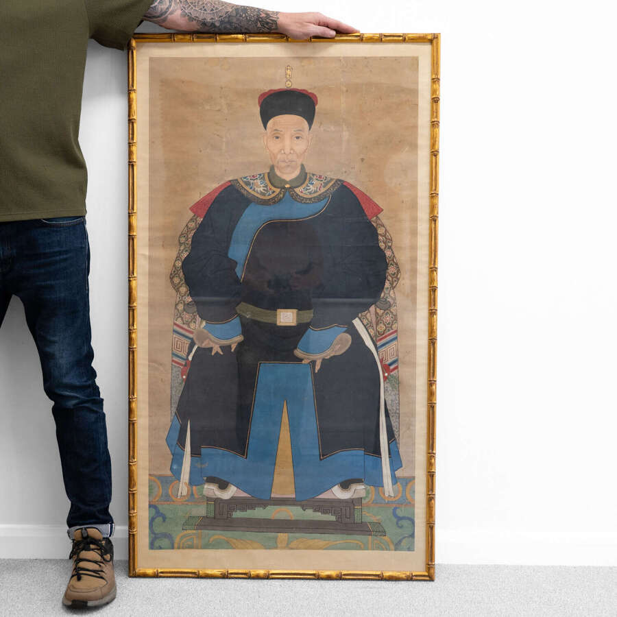 Large Pair of 19th Century Framed Chinese Ancestral Gouache Portraits