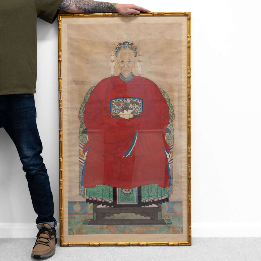 Large Pair of 19th Century Framed Chinese Ancestral Gouache Portraits